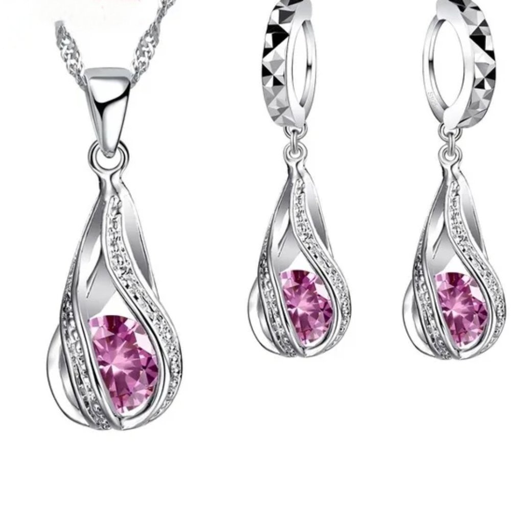 ⭐4pc Bundle Sale⭐ Pink Ice Teardrop Pendant And Earrings w 18" Chain, 925 Silver - Picture 2 of 3